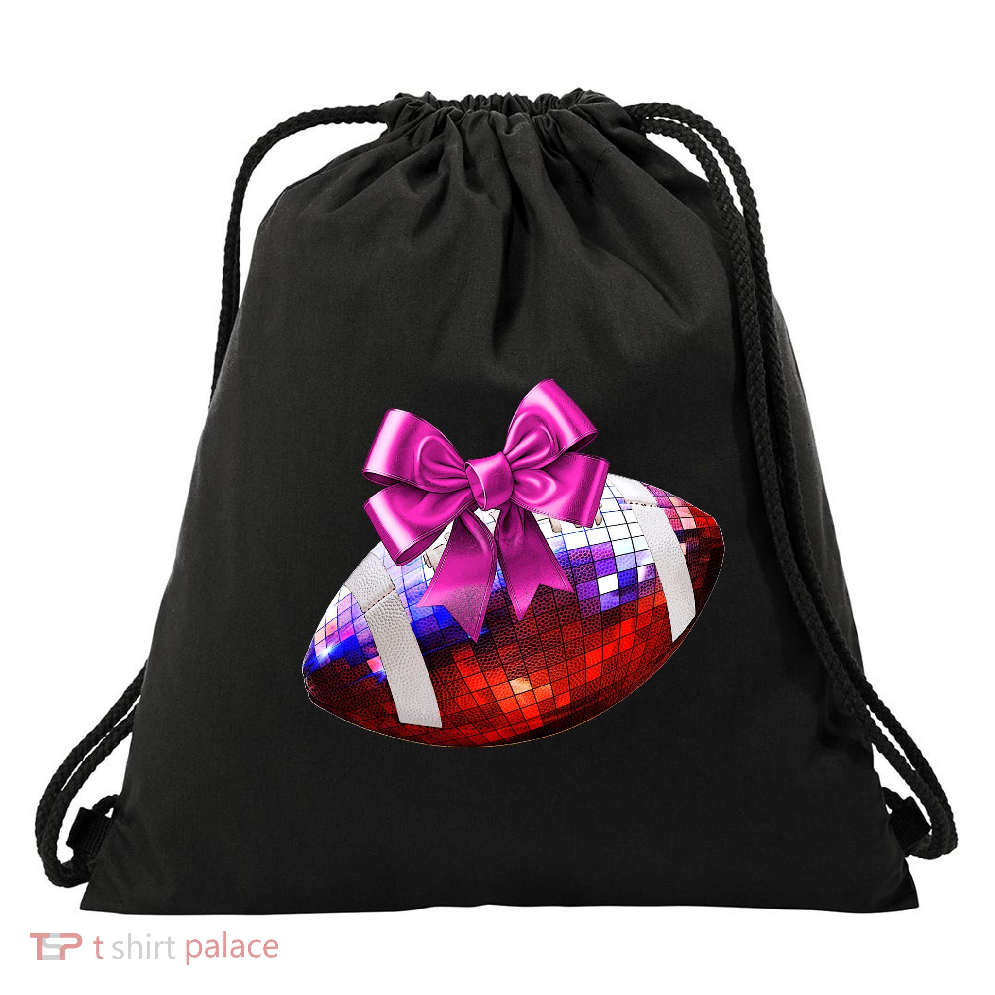 Cute Disco Ball Football Coquette Ribbon Style Drawstring Bag