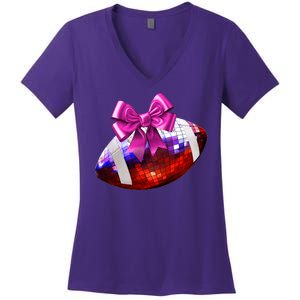 Cute Disco Ball Football Coquette Ribbon Style Women's V-Neck T-Shirt