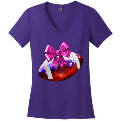 Cute Disco Ball Football Coquette Ribbon Style Women's V-Neck T-Shirt