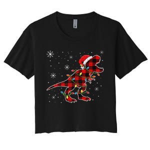 Christmas Dinosaur Buffalo Plaid Tree Light Trex Pajama Women's Crop Top Tee