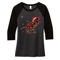 Christmas Dinosaur Buffalo Plaid Tree Light Trex Pajama Women's Tri-Blend 3/4-Sleeve Raglan Shirt