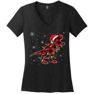 Christmas Dinosaur Buffalo Plaid Tree Light Trex Pajama Women's V-Neck T-Shirt