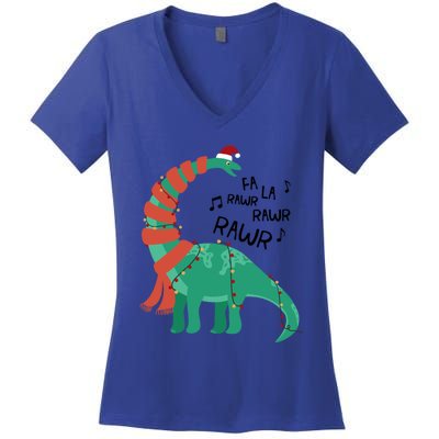 Christmas Dinosaur Brontosaurus Singing Fa Ra Rawr Xmas Gift Women's V-Neck T-Shirt