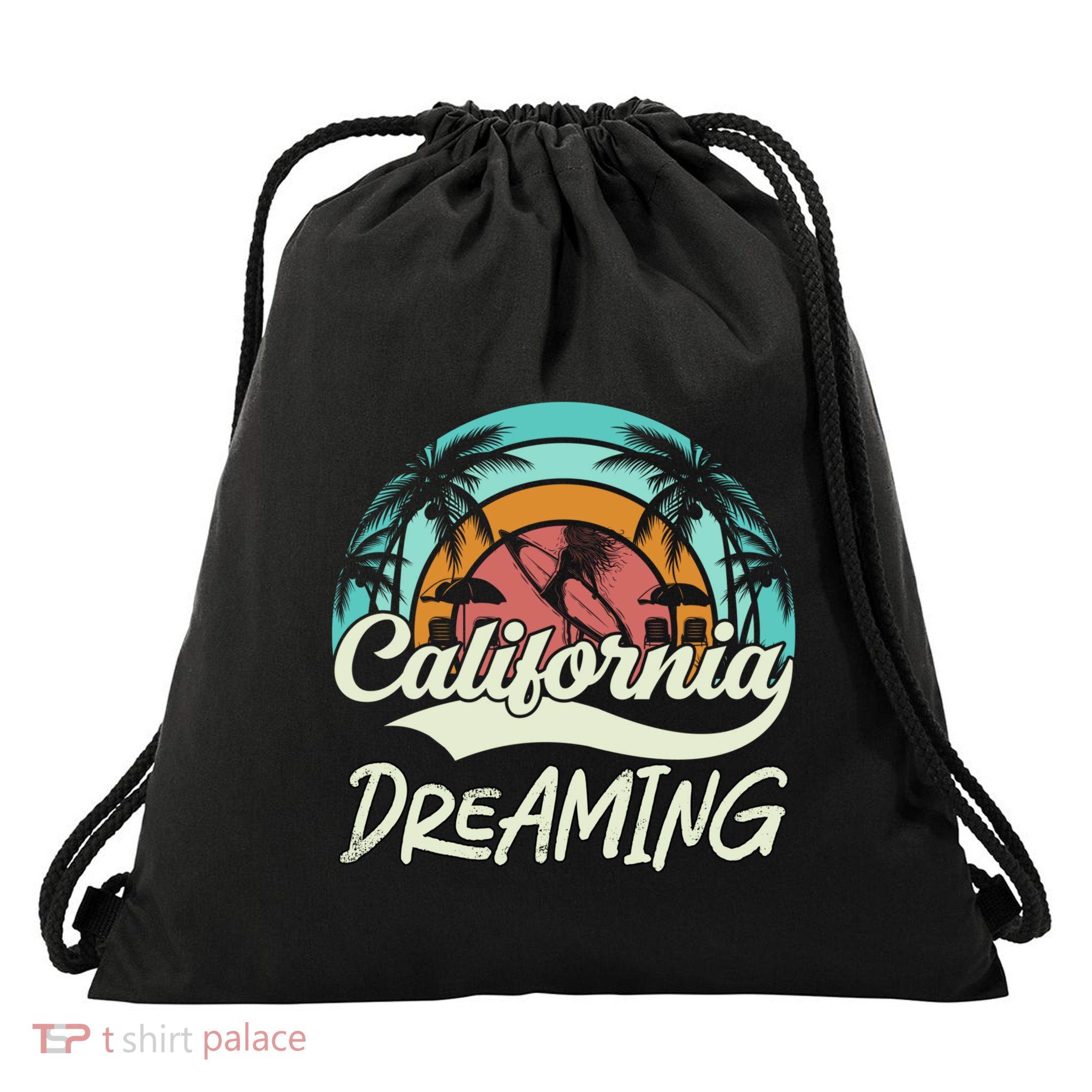 California Dreaming Beach Palm Tree Summer Vacation Surfers Great Gift Drawstring Bag