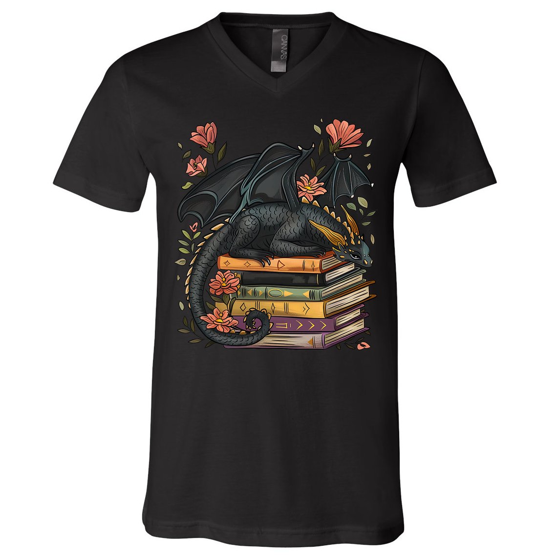 Cute Dragon Books Cottagecore Flower Bookworm Book Lover V-Neck T-Shirt