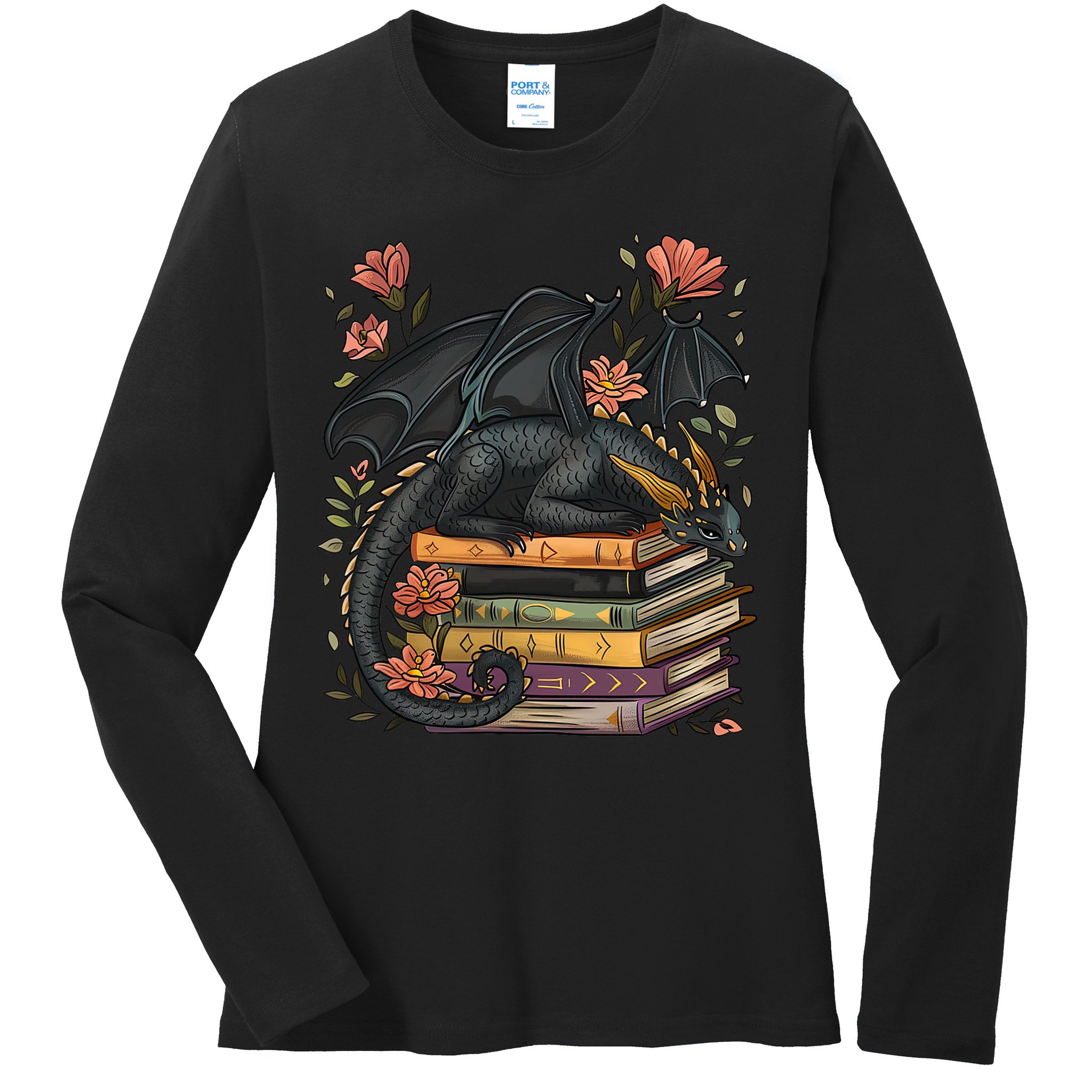Cute Dragon Books Cottagecore Flower Bookworm Book Lover Ladies Long Sleeve Shirt