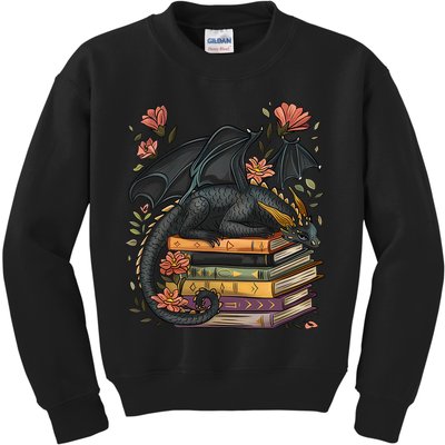 Cute Dragon Books Cottagecore Flower Bookworm Book Lover Kids Sweatshirt