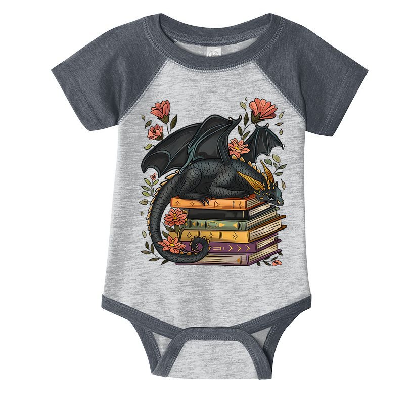 Cute Dragon Books Cottagecore Flower Bookworm Book Lover Infant Baby Jersey Bodysuit