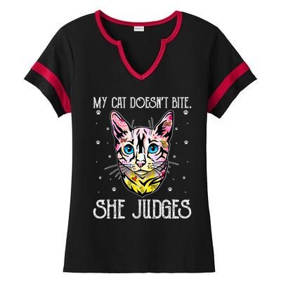 Cat Doesn't Bite She Judges Cat Mom Sarcastic Cat Dad Ladies Halftime Notch Neck Tee