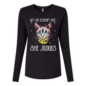 Cat Doesn't Bite She Judges Cat Mom Sarcastic Cat Dad Womens Cotton Relaxed Long Sleeve T-Shirt