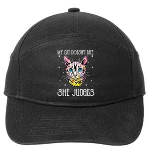 Cat Doesn't Bite She Judges Cat Mom Sarcastic Cat Dad 7-Panel Snapback Hat