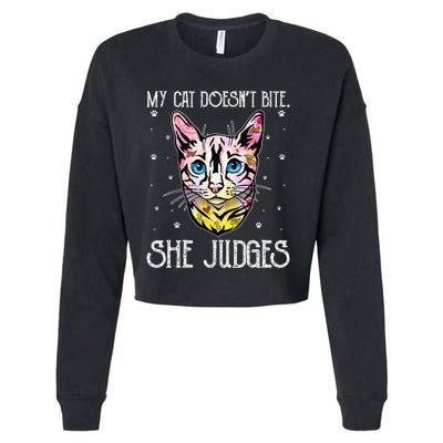 Cat Doesn't Bite She Judges Cat Mom Sarcastic Cat Dad Cropped Pullover Crew