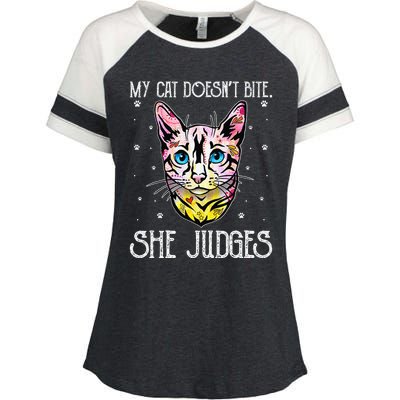 Cat Doesn't Bite She Judges Cat Mom Sarcastic Cat Dad Enza Ladies Jersey Colorblock Tee