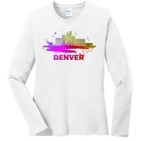 Colorful Denver Cityscape Denver Colorado Skyline Ladies Long Sleeve Shirt