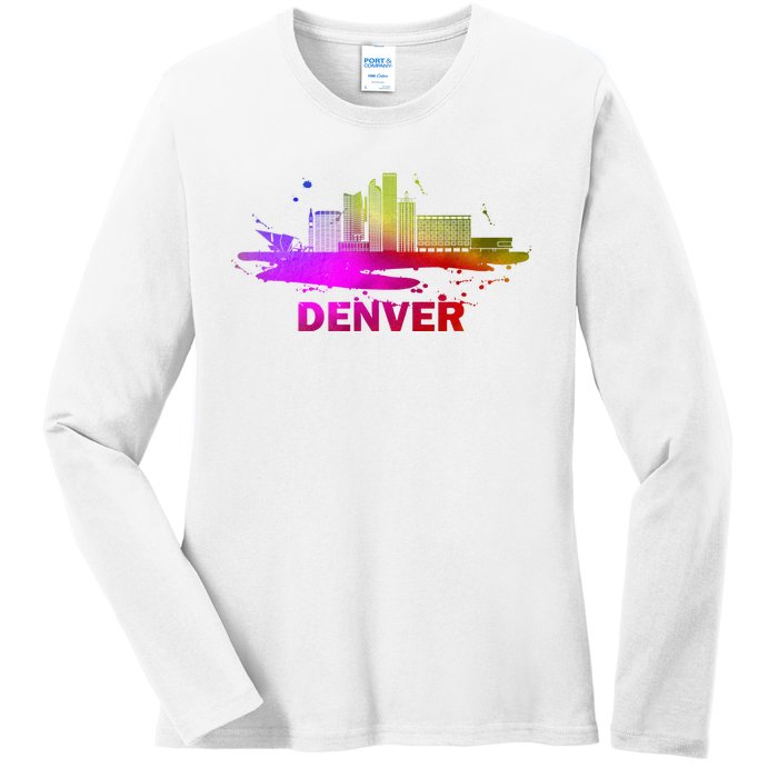 Colorful Denver Cityscape Denver Colorado Skyline Ladies Long Sleeve Shirt