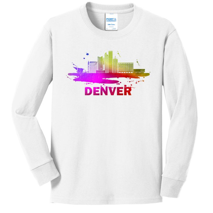 Colorful Denver Cityscape Denver Colorado Skyline Kids Long Sleeve Shirt