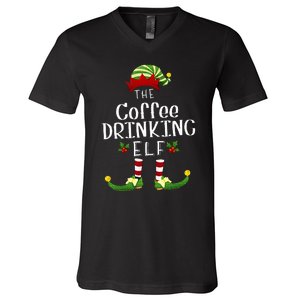 Coffee Drinking Christmas Elf Matching Pajama XMas Party V-Neck T-Shirt