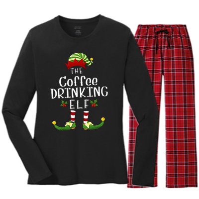 Coffee Drinking Christmas Elf Matching Pajama XMas Party Women's Long Sleeve Flannel Pajama Set 