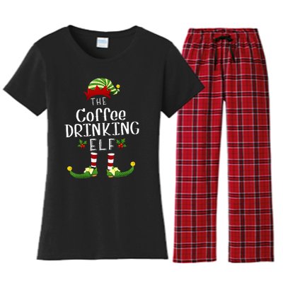 Coffee Drinking Christmas Elf Matching Pajama XMas Party Women's Flannel Pajama Set