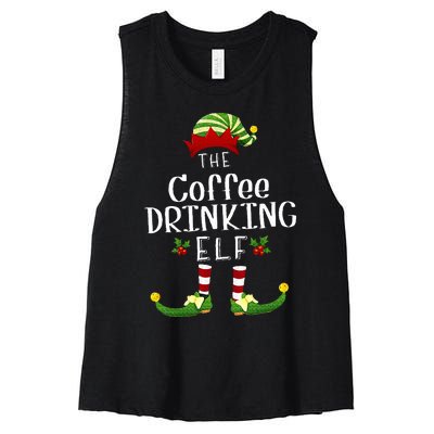 Coffee Drinking Christmas Elf Matching Pajama XMas Party Women's Racerback Cropped Tank