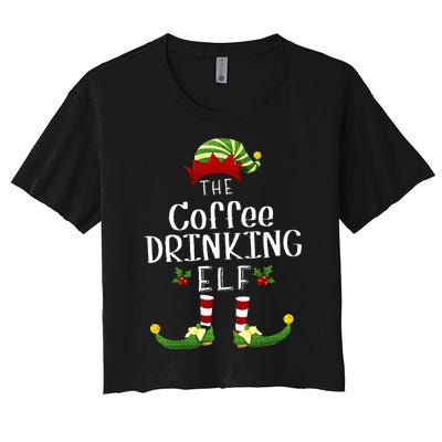 Coffee Drinking Christmas Elf Matching Pajama XMas Party Women's Crop Top Tee