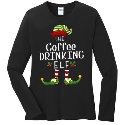 Coffee Drinking Christmas Elf Matching Pajama XMas Party Ladies Long Sleeve Shirt