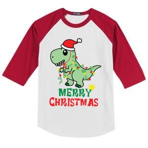 Cute Dinosaur Christmas Tree Rex Gift Kids Colorblock Raglan Jersey