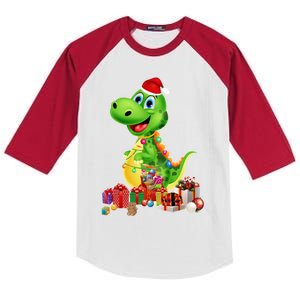 Cute Dinosaur Christmas Tree With Santa Hat Lights Treerex Gift Kids Colorblock Raglan Jersey