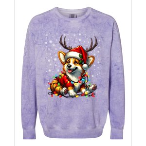 Corgi Dog Christmas Reindeer Lights Santa Hat Snowflakes Gift Colorblast Crewneck Sweatshirt