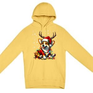 Corgi Dog Christmas Reindeer Lights Santa Hat Snowflakes Gift Premium Pullover Hoodie