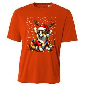 Corgi Dog Christmas Reindeer Lights Santa Hat Snowflakes Gift Cooling Performance Crew T-Shirt