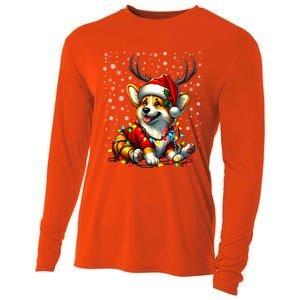 Corgi Dog Christmas Reindeer Lights Santa Hat Snowflakes Gift Cooling Performance Long Sleeve Crew