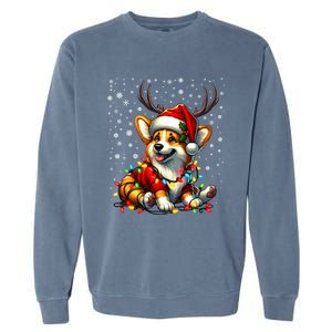 Corgi Dog Christmas Reindeer Lights Santa Hat Snowflakes Gift Garment-Dyed Sweatshirt