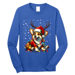 Corgi Dog Christmas Reindeer Lights Santa Hat Snowflakes Gift Long Sleeve Shirt