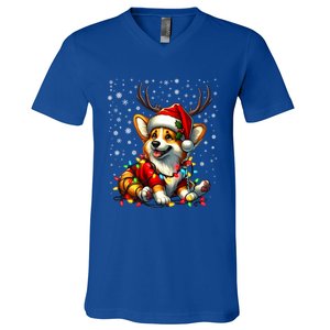 Corgi Dog Christmas Reindeer Lights Santa Hat Snowflakes Gift V-Neck T-Shirt