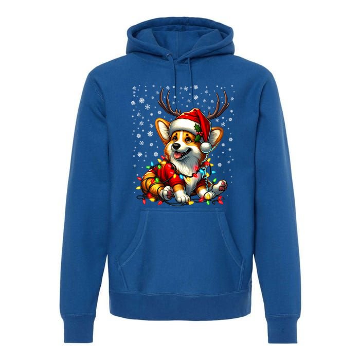 Corgi Dog Christmas Reindeer Lights Santa Hat Snowflakes Gift Premium Hoodie