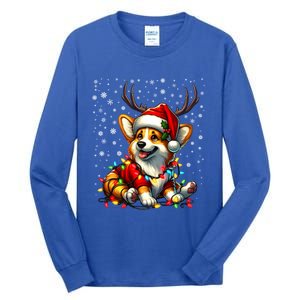 Corgi Dog Christmas Reindeer Lights Santa Hat Snowflakes Gift Tall Long Sleeve T-Shirt