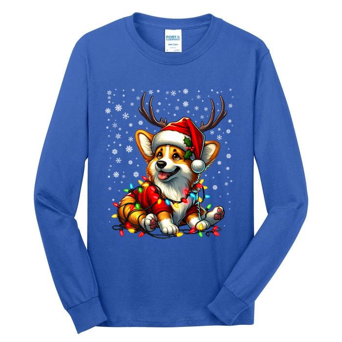 Corgi Dog Christmas Reindeer Lights Santa Hat Snowflakes Gift Tall Long Sleeve T-Shirt