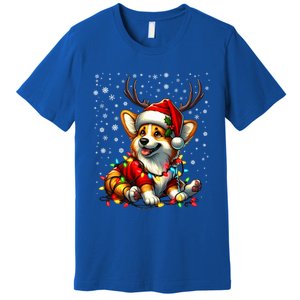 Corgi Dog Christmas Reindeer Lights Santa Hat Snowflakes Gift Premium T-Shirt