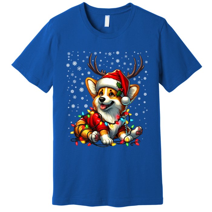 Corgi Dog Christmas Reindeer Lights Santa Hat Snowflakes Gift Premium T-Shirt