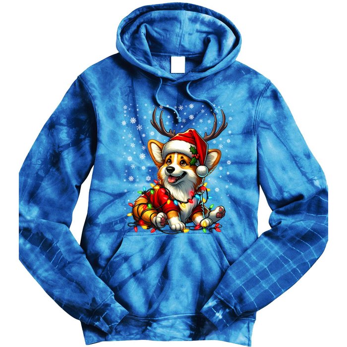 Corgi Dog Christmas Reindeer Lights Santa Hat Snowflakes Gift Tie Dye Hoodie