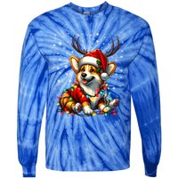 Corgi Dog Christmas Reindeer Lights Santa Hat Snowflakes Gift Tie-Dye Long Sleeve Shirt