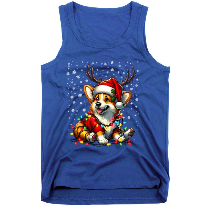 Corgi Dog Christmas Reindeer Lights Santa Hat Snowflakes Gift Tank Top