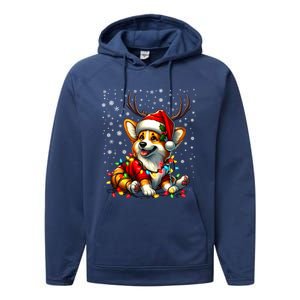 Corgi Dog Christmas Reindeer Lights Santa Hat Snowflakes Gift Performance Fleece Hoodie