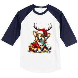 Corgi Dog Christmas Reindeer Lights Santa Hat Snowflakes Gift Baseball Sleeve Shirt