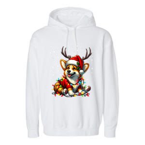 Corgi Dog Christmas Reindeer Lights Santa Hat Snowflakes Gift Garment-Dyed Fleece Hoodie