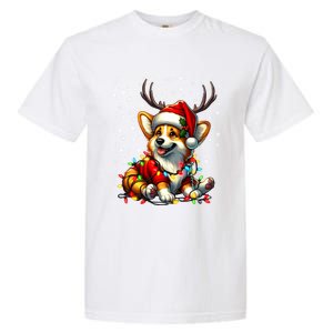 Corgi Dog Christmas Reindeer Lights Santa Hat Snowflakes Gift Garment-Dyed Heavyweight T-Shirt