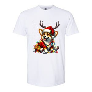 Corgi Dog Christmas Reindeer Lights Santa Hat Snowflakes Gift Softstyle CVC T-Shirt