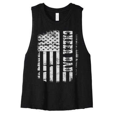 Cheer Dad Cheerleading Cheerleader Father American Flag Women's Racerback Cropped Tank