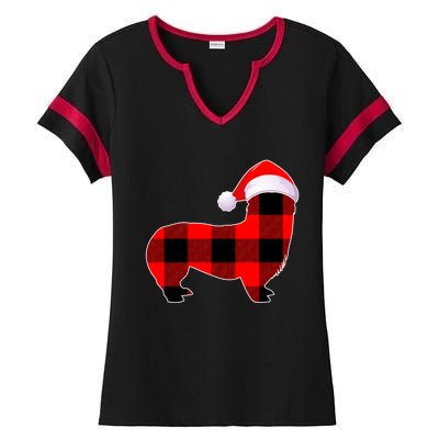 Corgi Dog Christmas Buffalo Plaid Funny Xmas Santa Hat Gift Ladies Halftime Notch Neck Tee